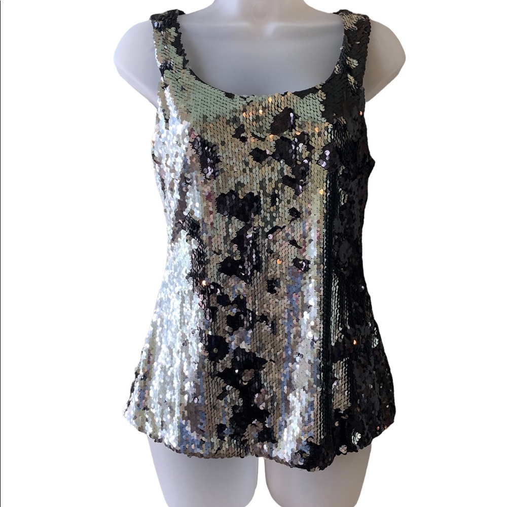 Boston Proper Top Black and Silver Sparkly Sequin Sheer Scoop Neck Size XS